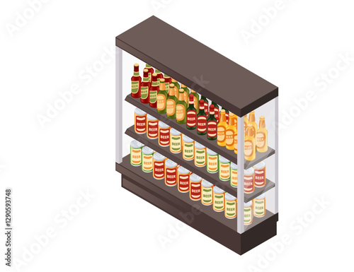 Isometric style supermarket glass display refrigerator with alcohol drinks. Multi-tier retail display with beer in cans and bottles. Storage grocery items.. Vector illustration isolated on white