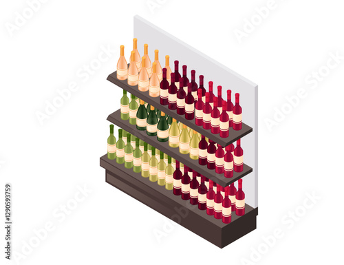 Wine rack display with multiple bottles. Organized alcohol shelf with red, white, and rose wines. Retail liquor section. Supermarket wine department with full bottles. Vector illustration isometric