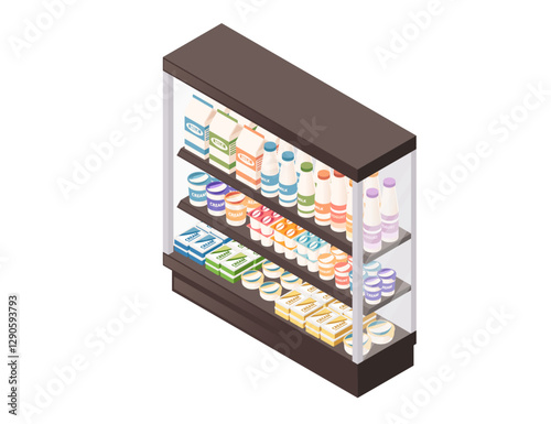 Isometric grocery shelving unit with dairy products. Multi-tier refrigerated display. Supermarket milk section. Store equipment, retail refrigerator. Vector illustration isolated on white background