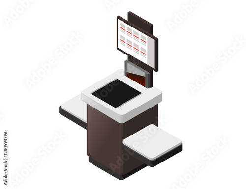 Isometric self-service checkout kiosks with screens. Supermarket payment terminals. Retail self-checkout systems. Modern store payment equipment. Digital ATM. Vector illustration isolated