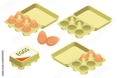 Various egg cartons and loose eggs. Green cardboard egg containers with brown eggs. Empty and filled egg trays. Packaging labeled "EGGS". Different egg storage options. Isometric vector set