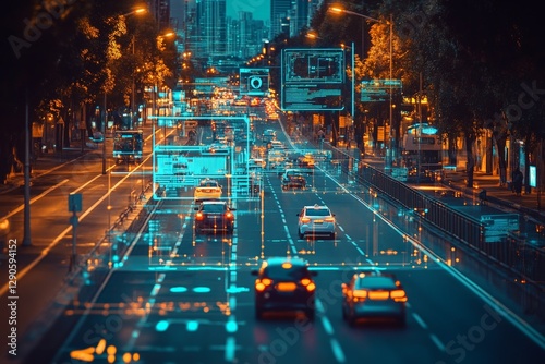 Urban street at twilight with digital overlays depicting traffic data and city infrastructure