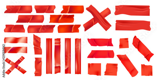 Red ribbons and tape pieces. Various shapes and cuts. Adhesive strips. Cross marks. Straight lines. Decorative elements. Design elements. Different lengths textile. Bright red color. Vector set