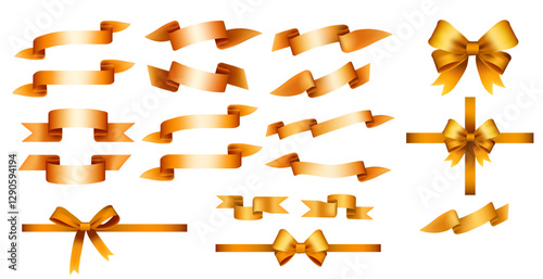 Golden ribbon collection. Decorative bows. Gift wrapping elements. Various styles. Flowing designs. Celebration decorations. Present accents. Vector illustration set isolated on white