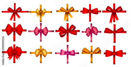 Colored ribbon collection. Decorative bows. Gift wrapping elements. Various styles. Flowing designs. Celebration decorations. Present accents. Vector illustration set isolated on white