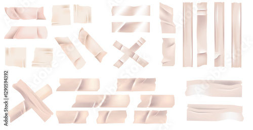 White ribbons and tape pieces. Various shapes and cuts. Adhesive strips. Cross marks. Straight lines. Decorative elements. Design elements. Different lengths textile. Bright beige color. Vector set