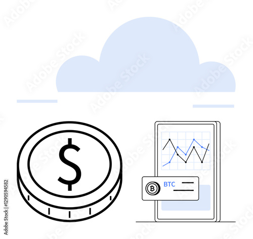 Dollar coin, smartphone showing financial chart, BTC crypto wallet text over minimalist cloud. Ideal for fintech, crypto trading, blockchain, investments, digital finance, forecasting abstract line