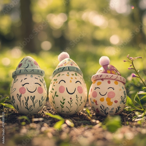 Handpainted Easter eggs with faces nature setting pastel colors