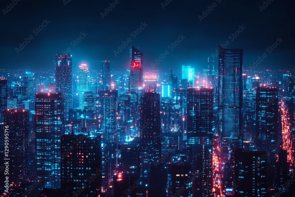 Obraz premium Vibrant night cityscape illuminated by neon lights showcasing urban energy and modern architecture
