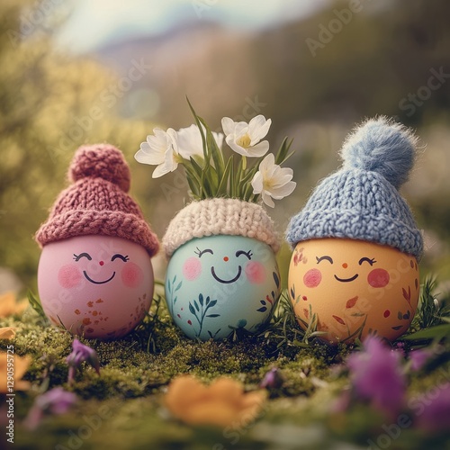 Handpainted Easter eggs with faces nature setting pastel colors