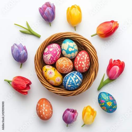 Vibrant handpainted Easter eggs in basket with tulip flowers