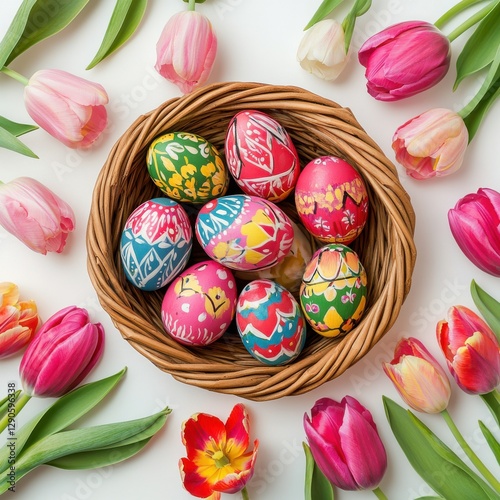 Vibrant handpainted Easter eggs in basket with tulip flowers