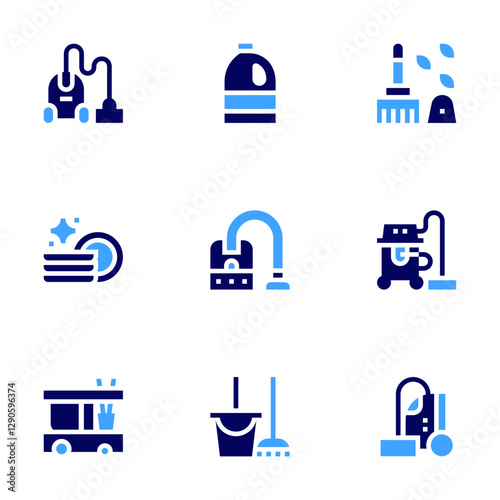 Cleaning icon set. Bold style. Duotone colors. Editable stroke. cleaning service, broom, vacuum cleaner, plates, cleaning, cleaning liquid