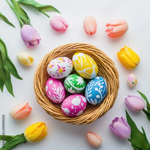 Vibrant handpainted Easter eggs in basket with tulip flowers