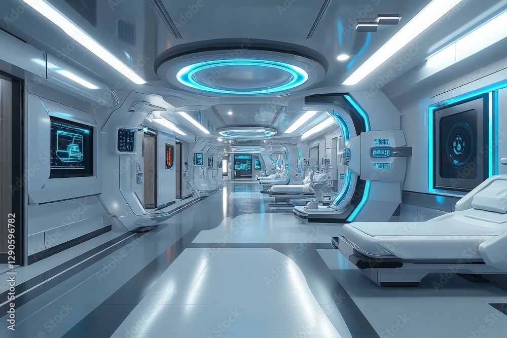 Obraz premium Modern futuristic hospital corridor with advanced technology and clean design
