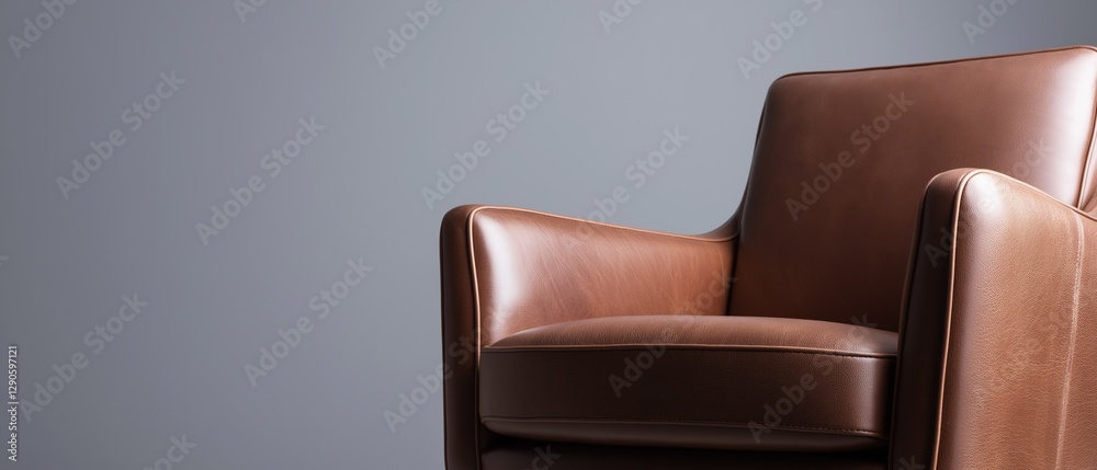 Fototapeta premium Close-up of a brown leather armchair. the chair has a modern design with a curved backrest and armrests. the leather appears to be smooth and shiny, and the color is a rich, rich brown.