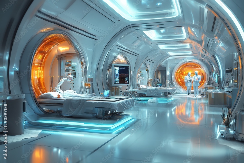 Obraz premium Advanced medical facility with futuristic design showcasing healthcare professionals attending to patients