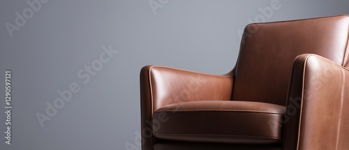 Close-up of a brown leather armchair. the chair has a modern design with a curved backrest and armrests. the leather appears to be smooth and shiny, and the color is a rich, rich brown.