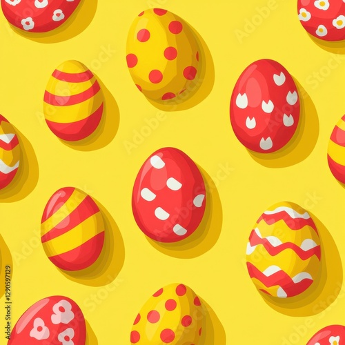 Bright vector Easter egg pattern on yellow background flat design