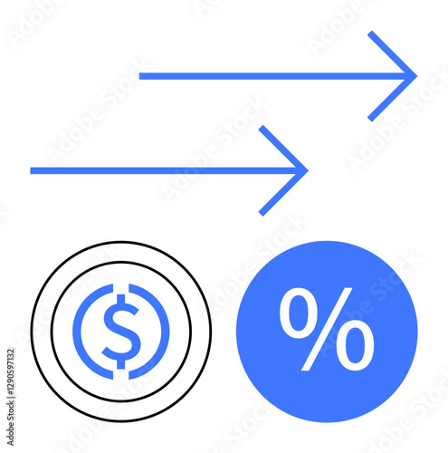 Two blue arrows pointing right, a dollar sign inside a circle, and a percentage symbol. Ideal for finance, growth, investment, interest rates, economic trends, monetary value abstract line flat