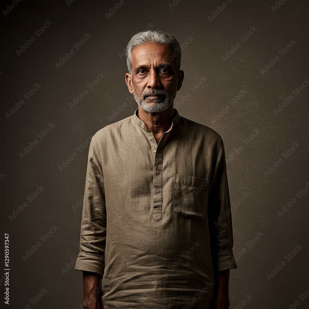 Obraz premium Portrait of a Mature Man in Casual Clothing Against a Dark Background - Expressive Stoic Expression Photography Ideal for Corporate Profiles and Artistic Projects