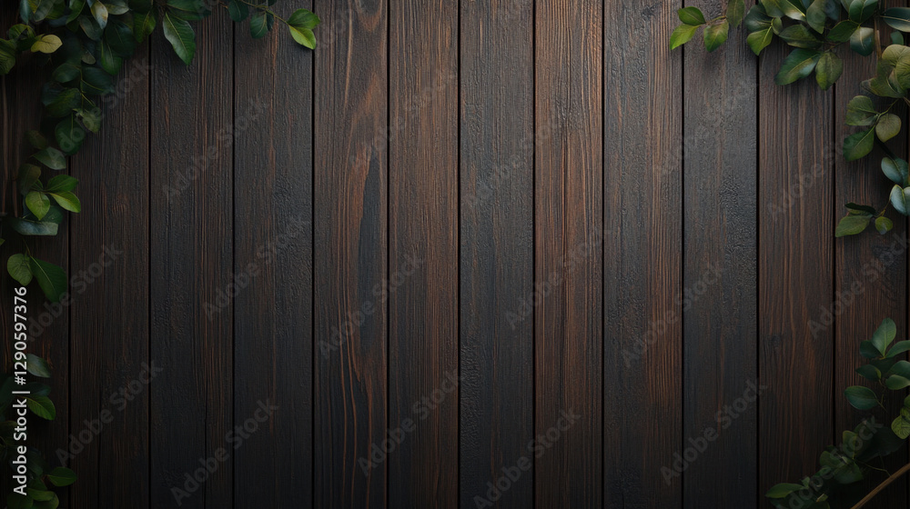 Dark wooden background with green leaves framing edges, creating natural and rustic feel. Perfect for various design projects Dark wooden background with green leaves framing edges, creating natural and rustic feel. Perfect for various design projects