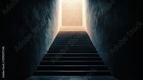 dark staircase leads to bright light, creating sense of mystery and hope. contrast between shadows and illumination evokes feeling of anticipation and exploration