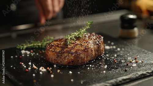 Chef seasoning a perfectly cooked steak on a black slate plate in a restaurant kitchen