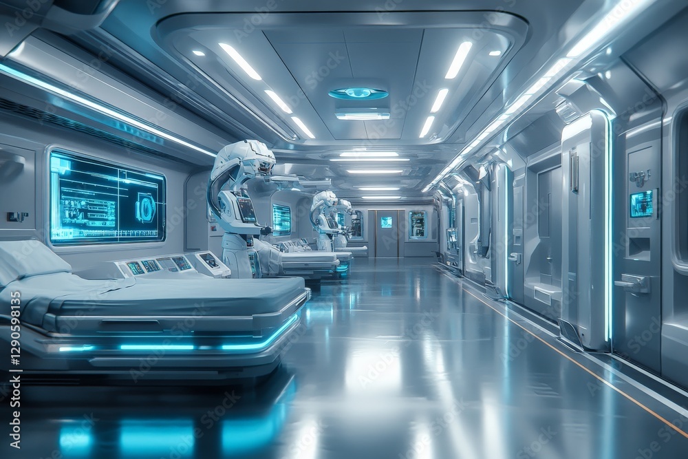 Modern futuristic hospital with advanced technology and robotic assistance in a sterile environment Modern futuristic hospital with advanced technology and robotic assistance in a sterile environment