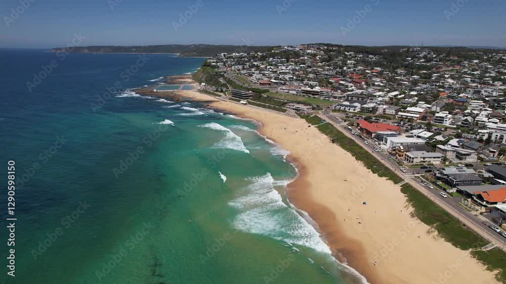 Merewether Beach With Merewether Ocean Baths In NSW, Australia - Aerial Shot Merewether Beach With Merewether Ocean Baths In NSW, Australia - Aerial Shot