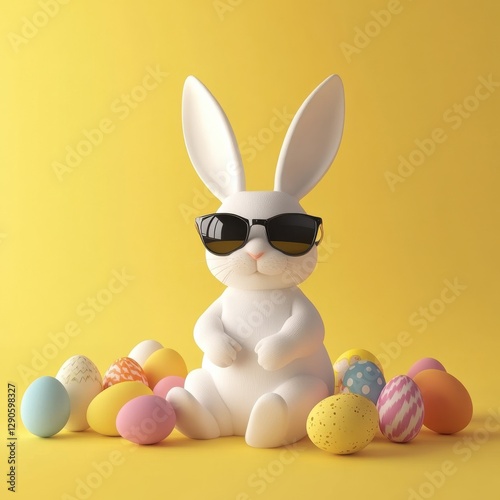 Colorful Easter bunny with sunglasses and eggs on yellow background