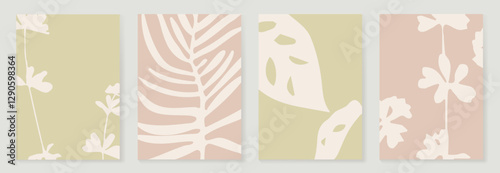 Wallpaper Mural Set of abstract foliage poster vector. Leaves, flower, organic shapes, earth tone colors, leaf branch. Illustration design for Eco packaging, interior, cover, wall art, wallpaper, market. Torontodigital.ca