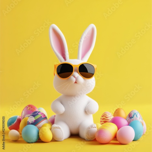 Colorful Easter bunny with sunglasses and eggs on yellow background