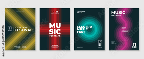 Music poster design background vector set. Electro Sound Cover template with vibrant abstract gradient geometric shape. Ideal design for social media, flyer, party, music festival, club.