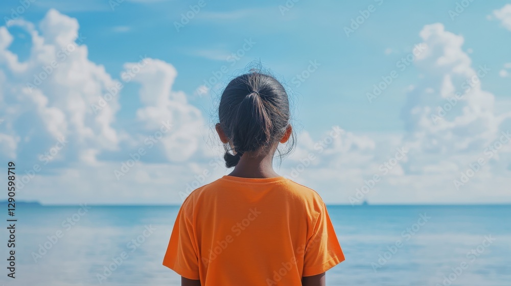 Girl Contemplating Ocean Seascape Under Blue Sky Girl Contemplating Ocean Seascape Under Blue Sky
