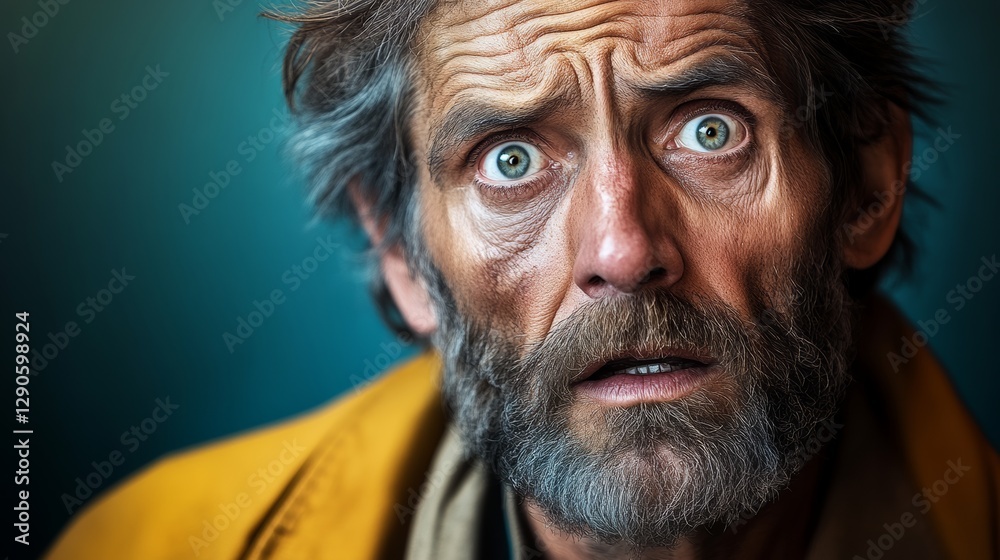 Man with a beard and a yellow jacket is staring at the camera. He has a surprised look on his face