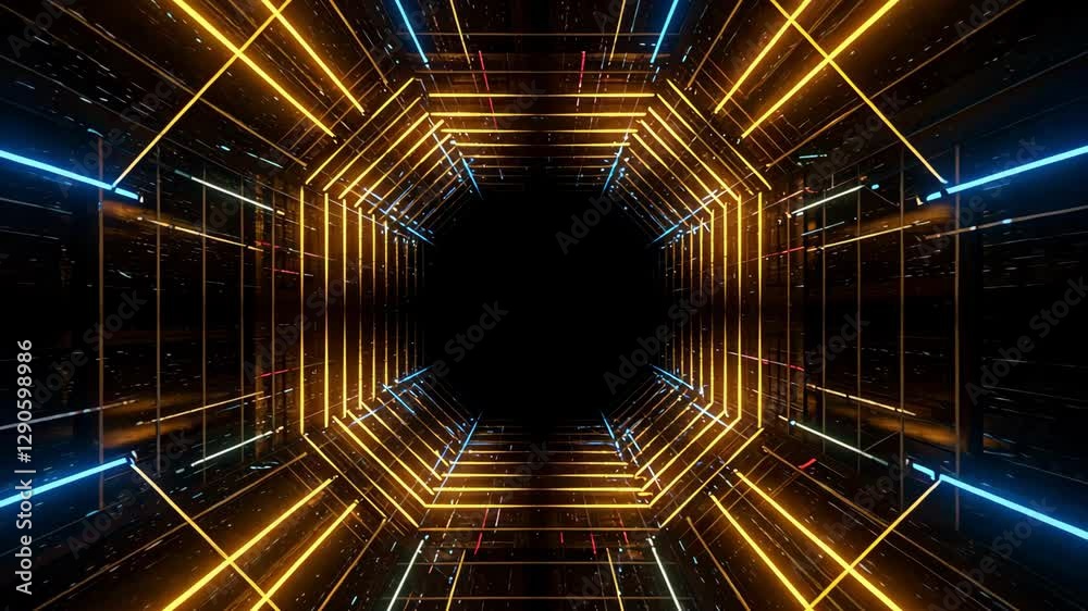 Futuristic neon tunnel with vibrant glowing lines and dark backdrop