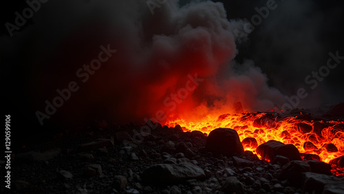 Ein dunkler und stimmungsvoller Hintergrund, auf dem tiefschwarzer Rauch um glühende Glut und Streifen geschmolzener Lava wirbelt.KI Generated photo