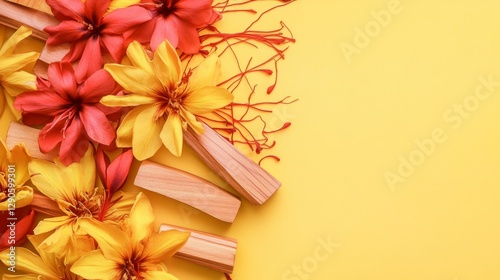 Sandalwood pieces and saffron flowers on a yellow background create a beautiful image. The saffron threads in the corner add a touch of elegance.