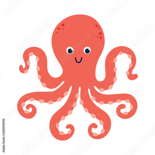 Kawaii red octopus character, big round eyes, wide, smiling face, cheerful expression. Cute sea animal with soft, rounded features. Naive cartoon vector illustration, ideal for childrens designs