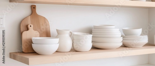 Wallpaper Mural Wooden shelf attached to a white wall. on the shelf, there are several white bowls and plates arranged neatly. the bowls are of different sizes and shapes, with some being larger and others smaller. Torontodigital.ca