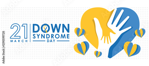 World down syndrome day - Adult and child hands hold care in yellow blue heart sign and heart paper around on dot texture background vector design