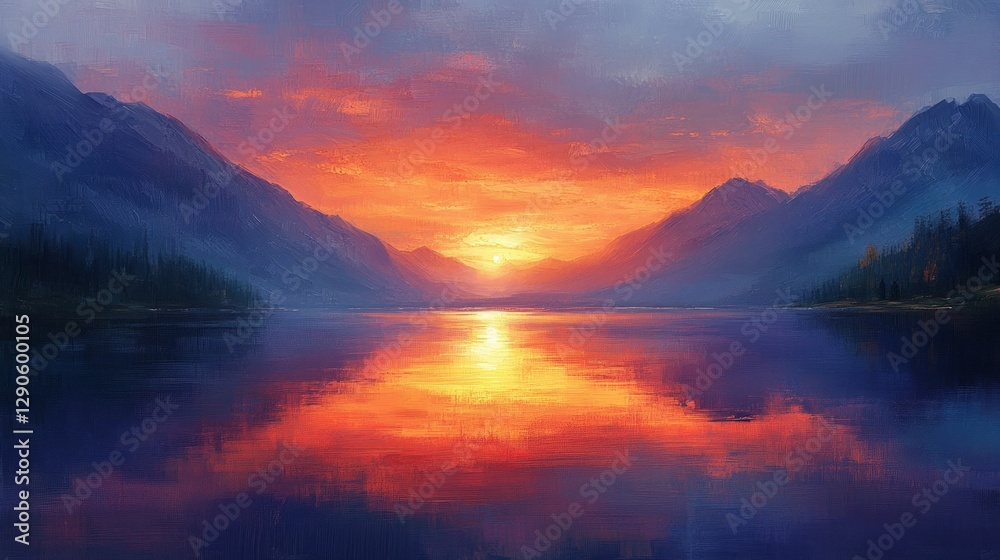 Fototapeta premium Fiery sunset paints mountain lake scene