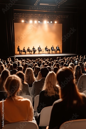 Panel discussion on stage with bright lights, audience engaged i