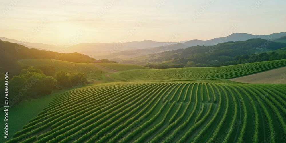 A large field of green vines with a beautiful sunset in the background. The sun is setting behind the hills, casting a warm glow over the landscape. The scene is peaceful and serene A large field of green vines with a beautiful sunset in the background. The sun is setting behind the hills, casting a warm glow over the landscape. The scene is peaceful and serene