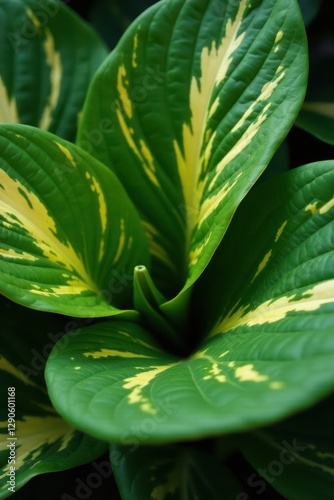 Deep green Hosta leaves with yellow and white variegation , summer, multicolored photo
