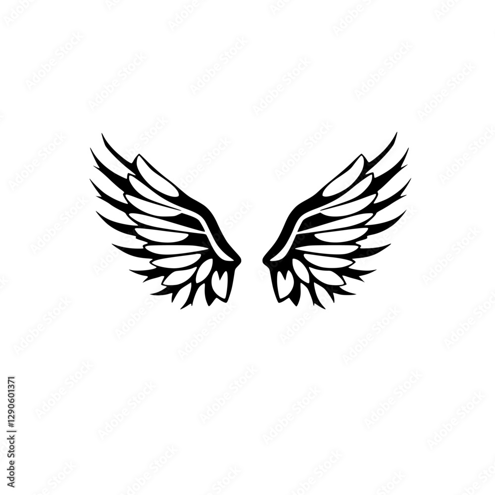 Fototapeta premium Black and white symmetrical stylized angel wings on a white background.