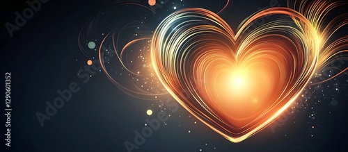 Glowing golden heart, swirling metallic lines, radiant light core, dark background, cosmic sparks, abstract love concept, digital art, vibrant energy, 3D rendering, Valentine's theme.