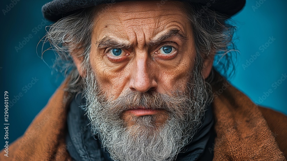 Man with a beard and a hat is staring at the camera. He has a serious expression on his face Man with a beard and a hat is staring at the camera. He has a serious expression on his face