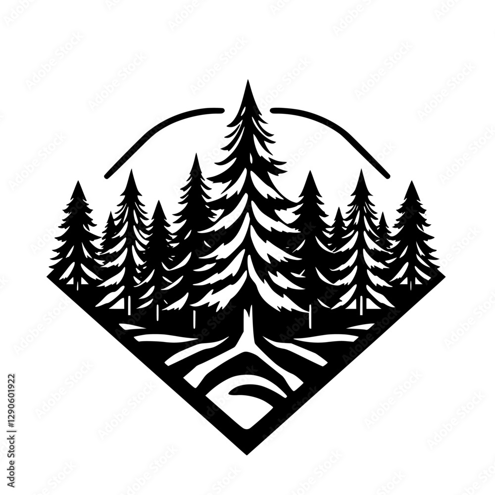 Obraz premium Pine Forest Silhouette in Diamond-Shaped Frame, with a black and white color scheme and forest.